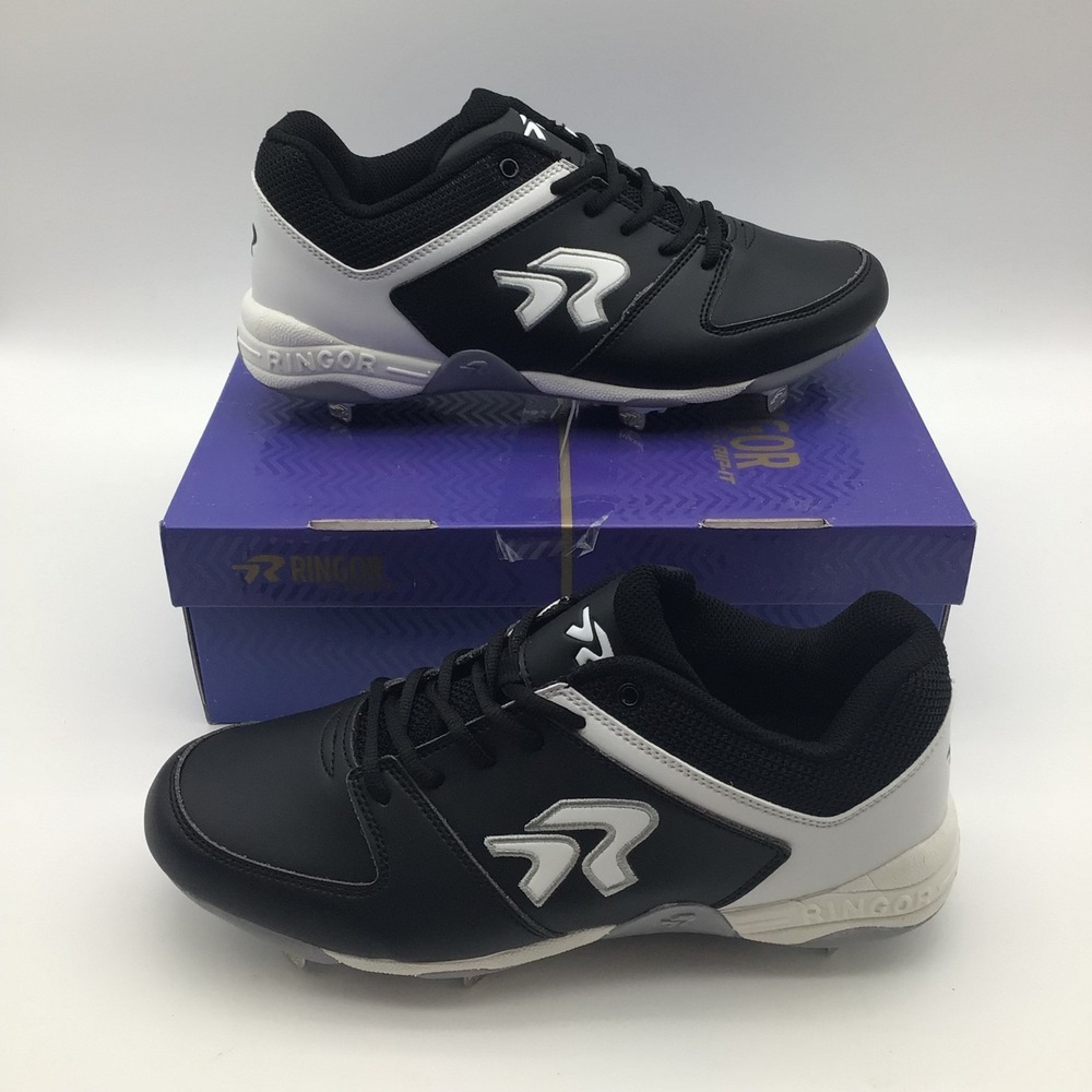 Ringor Flite Spike Wide Mens Baseball‎ Softball Metal Cleats Black White Size 11